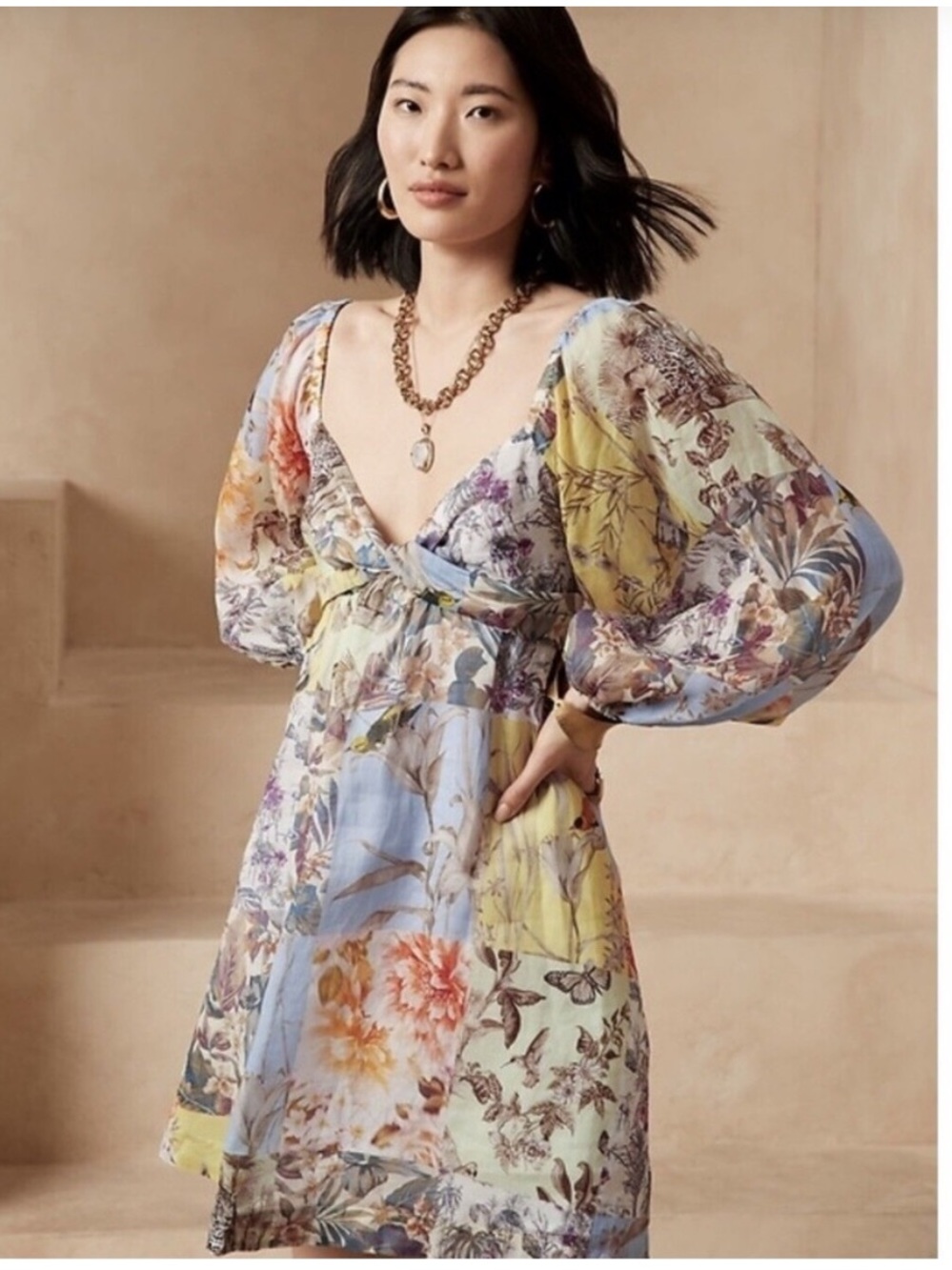 Banana Republic Bird Patchwork Effect Twist Top Empire Waist Dress NWT XS
